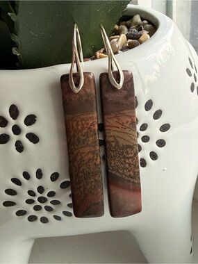 Hand Crafted Red Creek Jasper Rectangle Drop 925 Sterling Silver Earrings